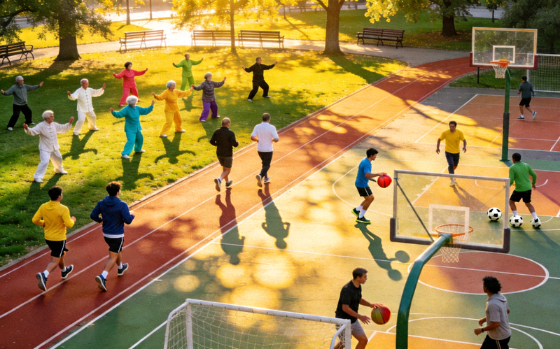 城市公园中群众进行多样化体育锻炼的场景，包括跑步、太极和球类运动