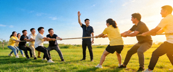 企业员工在专业教练指导下进行团队拓展体育活动的欢乐场景