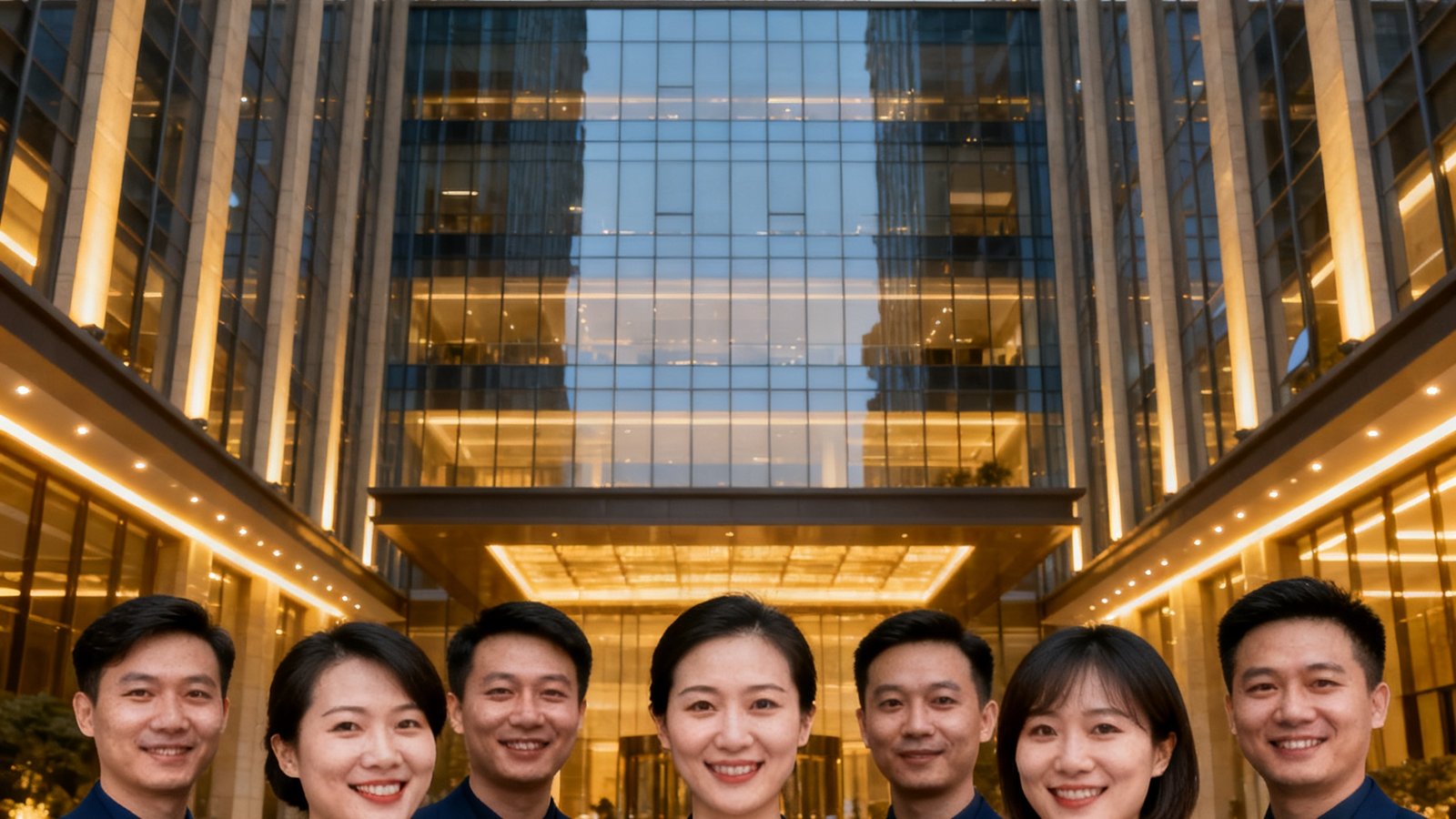 galaxy银河集团总部团队在银河大厦前的正式合影，团队成员身着统一制服面带自信微笑，背景为现代化办公大楼和集团logo标识